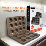 NutriChef 2-Piece Nonstick Muffin Pan Set - Carbon Steel Cupcake Baking Pans with 12 Cups - 15 inch x 11 inch Baking Tray Set - Gold NutriChef