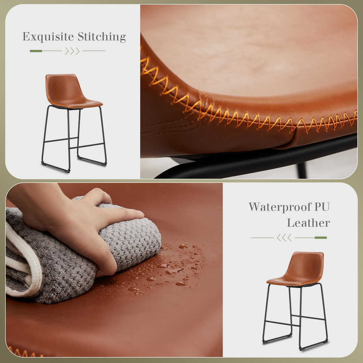 DUMOS 26 Inch Counter Height Bar Stools Set of 4, Modern Faux Leather High Barstools with Back and Metal Leg, Bar Chairs for Kitchen lsland, Brown DUMOS