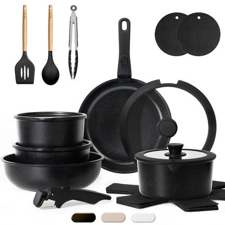 KIKCOIN 20 Pcs Pots and Pans Set Non Stick, Detachable Handle Cookware Sets Nonstick, Non Toxic Induction RV Kitchen Cooking Set with Removable Handles, Dishwasher/Oven Safe, Easy Clean (Black) Kikcoin