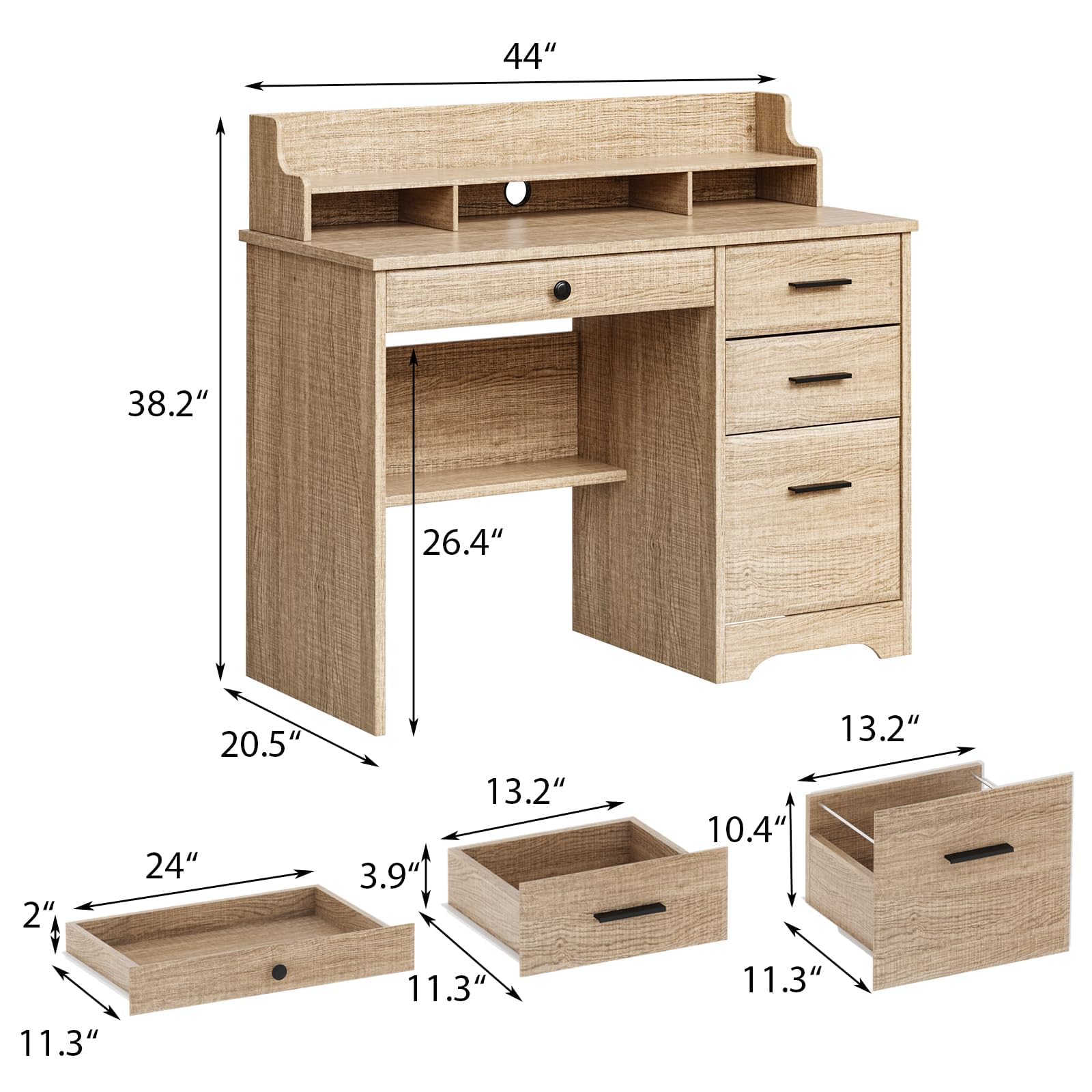 4 EVER WINNER Computer Desk with 4 Drawers and Hutch, 44 Inch Farmhouse Home Office Desk with Monitor Stand and File Drawer, Wood Simple PC Table with Storage, Writing Desk for Bedroom, Grey - WoodArtSupply