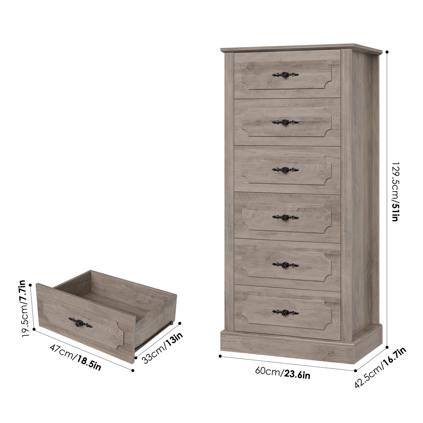 finetones 6 Drawer Grey Dresser, 51" Tall Dresser Wood Dresser Chest of Drawers with Large Storage Space, 6 Drawer Dresser Tall Floor Storage Cabinet for Home Office, Ash Grey - WoodArtSupply