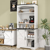 4ever2buy Farmhouse Tall Coffee Bar with Tall Hutch, White Coffee Bar Cabinet with 3 Tier Shelves, 70 Inch Buffet Cabinet with Sliding Barn Door and Adjustable Shelves for Living Dining Room 4ever2buy