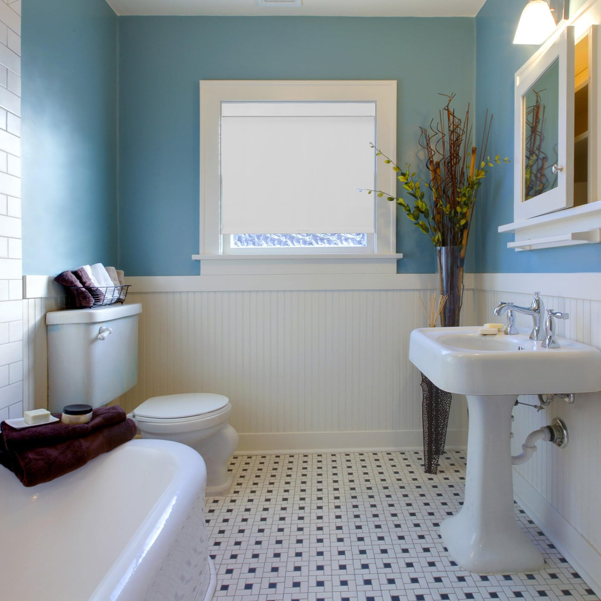 CALYX INTERIORS Blackout Roller Shade with Valance, Thermal Insulating Blind, Cordless, 34.5" W x 48" H, Simple White Calyx Interiors