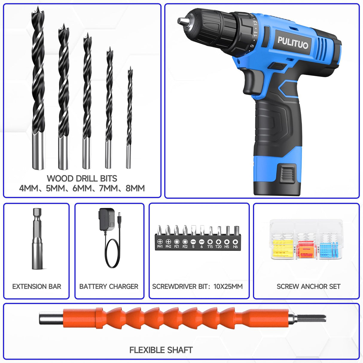 PULITUO 12V Blue Cordless Drill Set Power Drill Kit with Battery and Charger,electric drill home improvement,3/8-Inch Keyless Chuck,Built-in LED,21+1 Torque Setting small drill PULITUO