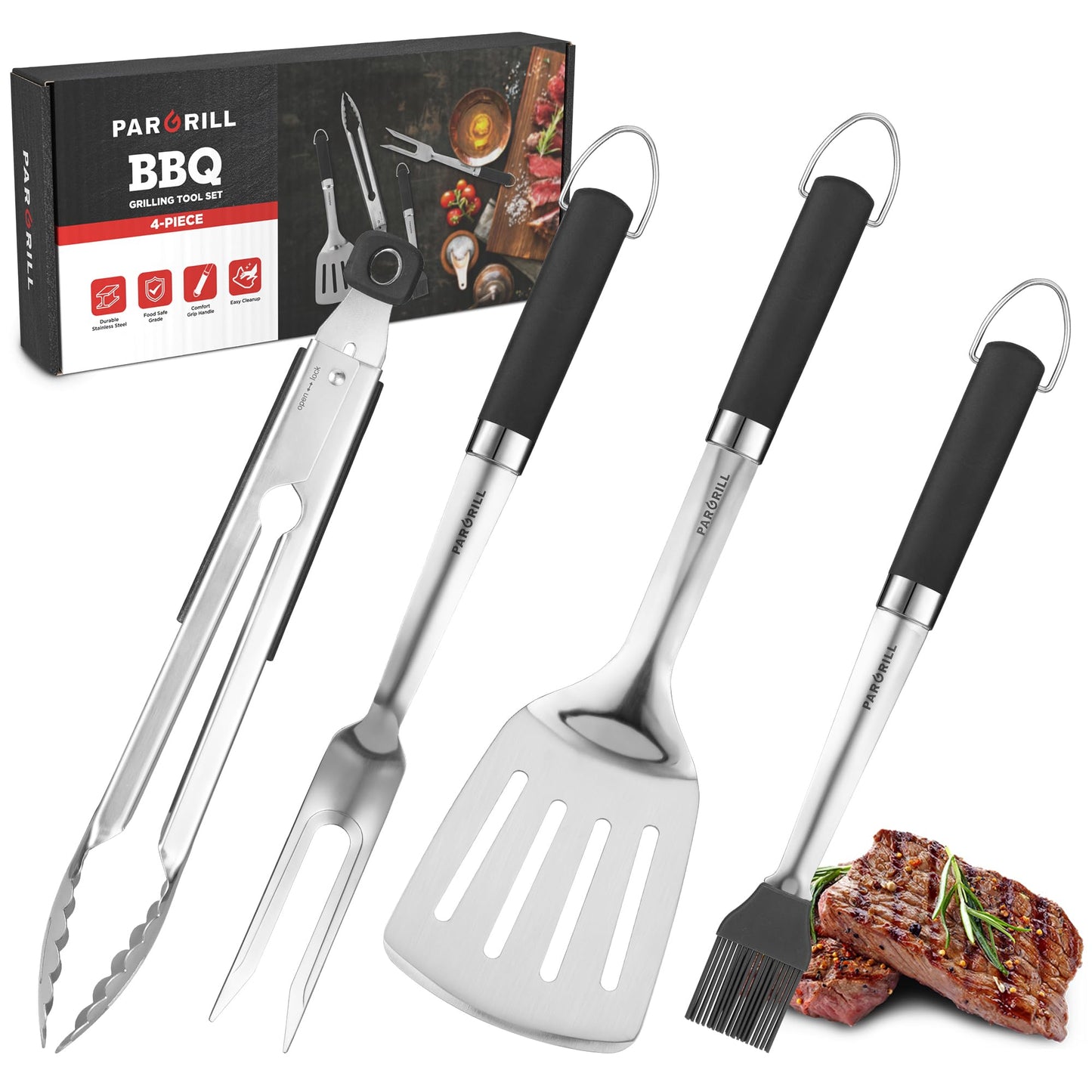 PARGRILL Grill Accessories Heavy Duty BBQ Set Gifts for Men/Women - Premium Stainless Steel Spatula, Fork, Brush & Tongs, Barbecue Utensils Tool Kit Gift for Grilling Lover Outdoor