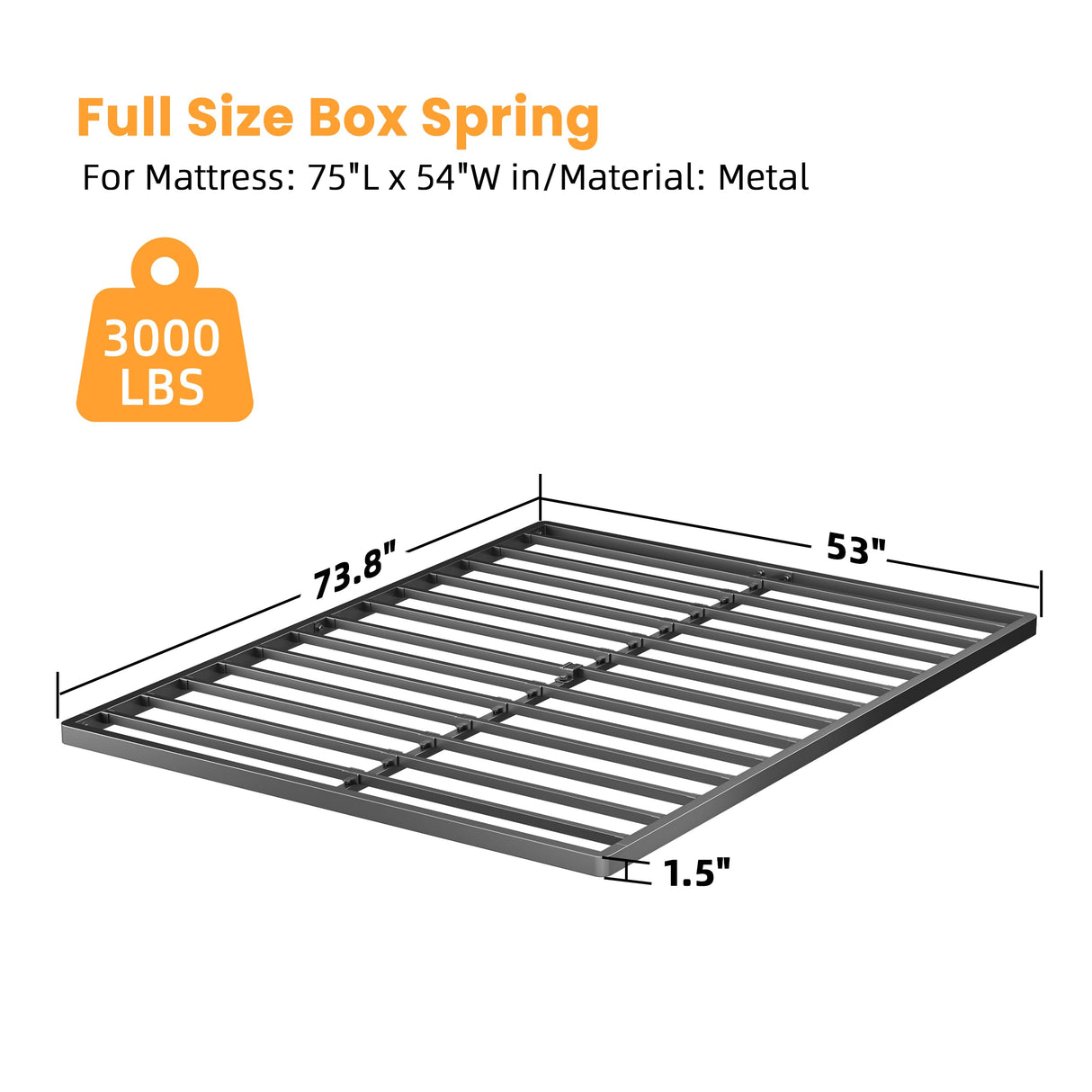 VIPSHOW 1.5 Inch Full Metal Box Spring with Round Corners - 3000 lbs Capacity, Low Profile Bed Slat Replacement Bunkie Board with Steel Slats, Noise-Free, Easy Assemble, Black VIPSHOW
