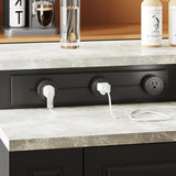 WOODTIME 94.5" W Stationary Kitchen Island Storage Cabinet with Built-in Power Outlet, 2 Countertop, Adjustable Shelves & 3 Drawers for Dining Room, Black & Marble Grain WOODTIME