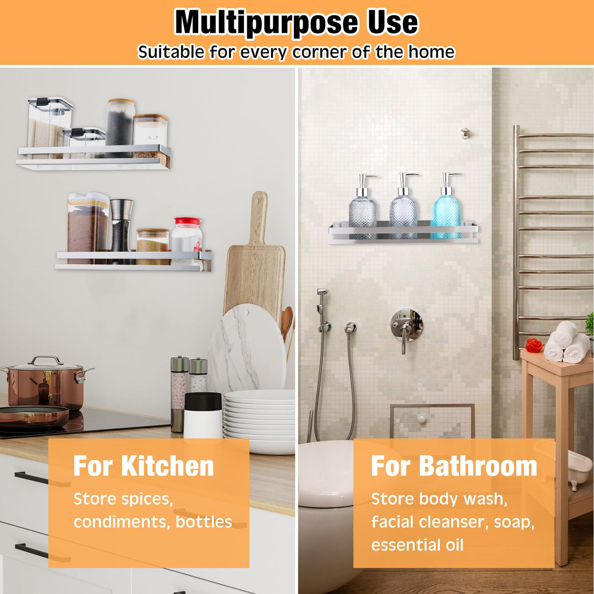 Lallisa 4 Pieces Stainless Steel Shelf Bathroom Shower Floating Shelves Wall Mounted Shower Caddy Basket Shelf Storage Organizer Shelves for Bathroom, Kitchen, Living Room, Silver, 15.75 Inch Lallisa