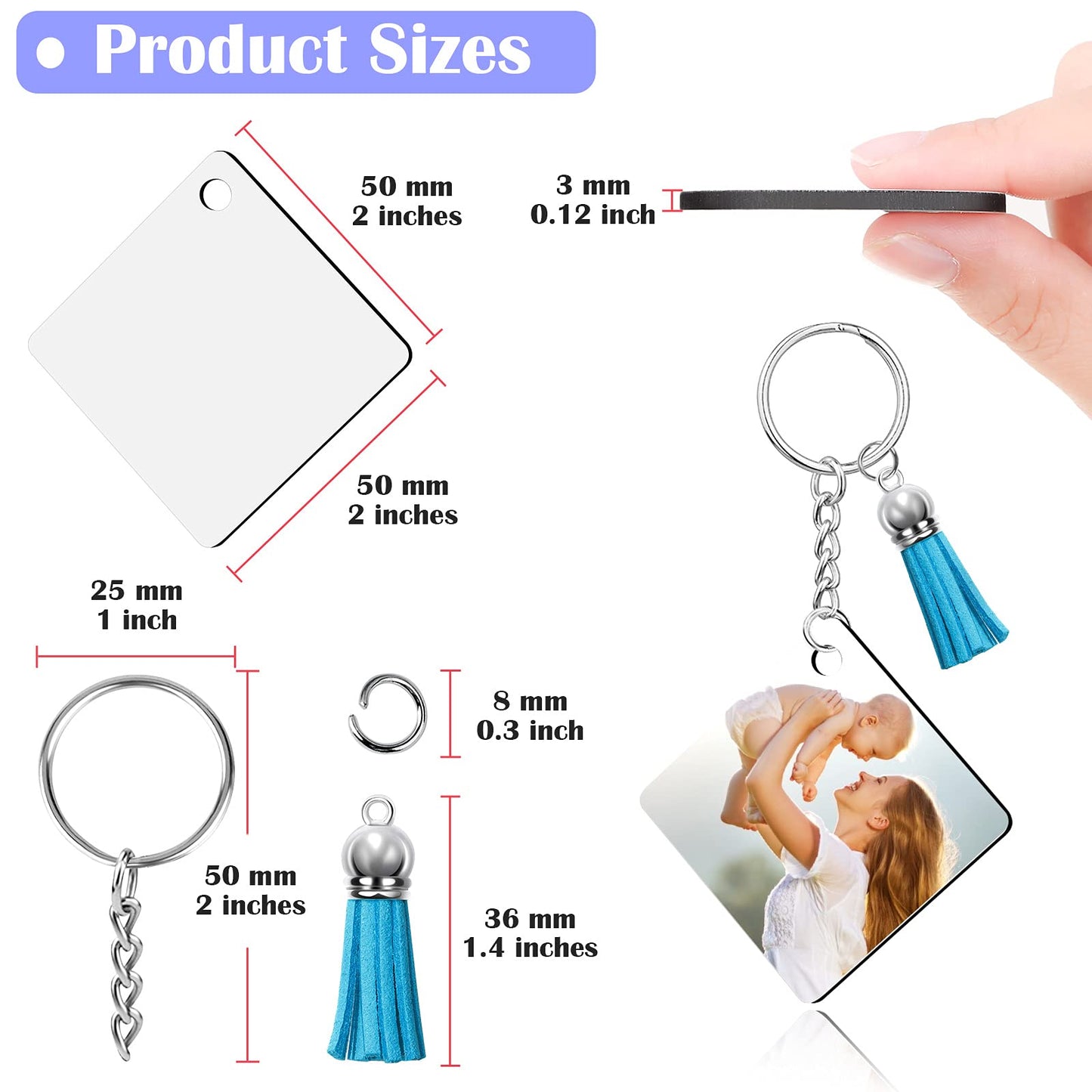 Modacraft Sublimation Keychain Blanks, 80Pcs Sublimation Keychain Making Kit with Square Heat Transfer Blanks, Tassels, Keychain Rings, Jump Rings for Keychain Project Thanksgiving Christmas Gift