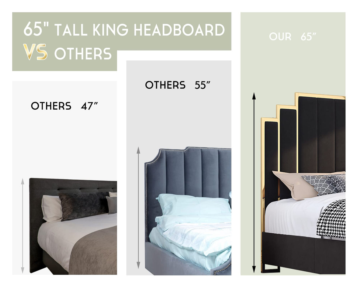 HOWE King Size Bed Frame and 65" Headboard, Upholstered Bed with Golden Plating Trim, Modern Platform Bed No Box Spring Needed, Black HOWE