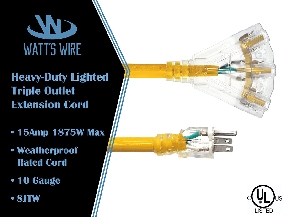 100 ft - 10 Gauge Heavy Duty Extension Cord - 3 Outlet Lighted SJTW - Indoor/Outdoor Extension Cord by Watt's Wire - 100' 10-Gauge Grounded 15 Amp Extension Cord Watt's Wire