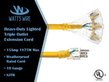 100 ft - 10 Gauge Heavy Duty Extension Cord - 3 Outlet Lighted SJTW - Indoor/Outdoor Extension Cord by Watt's Wire - 100' 10-Gauge Grounded 15 Amp Extension Cord Watt's Wire