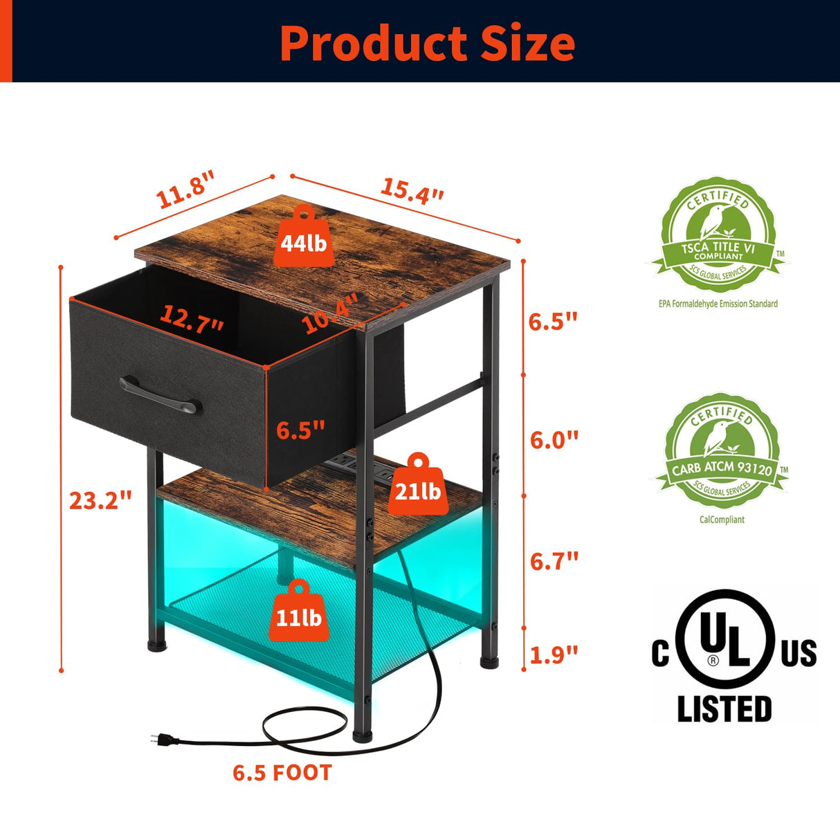 LAKEMID Nightstands Set of 2 with Charging Station and Drawer, End Table Side Table with 20 Colors LED Light Strip and 2 Layers Shelf for Bedroom Living Room Sofa (Rustic Brown) LAKEMID