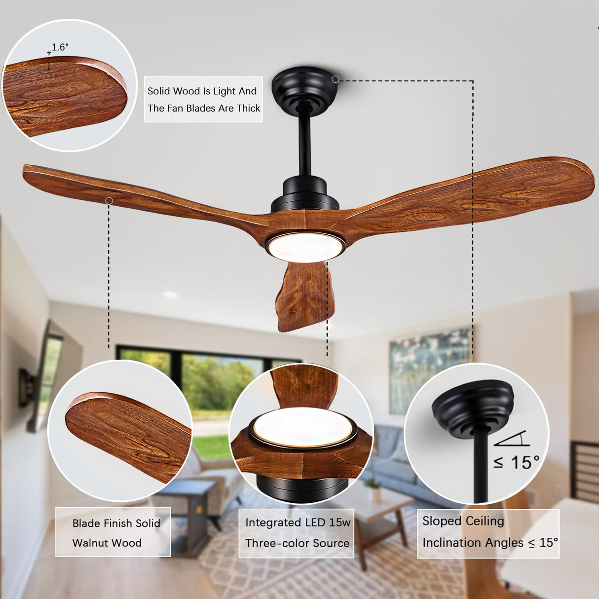 Ceiling Fans with Lights and Remote,52 Inch Unique Wood Ceiling Fan with Noiseless Reversible DC Motor,3 Blades,3 Downrods, for Farmhouse,Patio Living Room,Bedroom,Office,Indoor Outdoor(Black+Walnut) ducrew