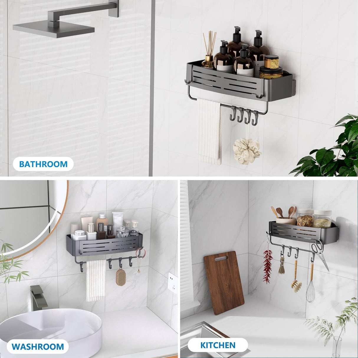 Onemake Shower Caddy Suction Cup, No Drilling Bathroom Shower Shelf, Corner Shower Caddy with 6 Portable Hooks, Removable Bath Organizer with Towel Bar for Bathroom Storage(Gray) Onemake