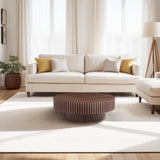 31.49" Walnut Coffee Table Round Wood, Modern Unique Fluted Coffee Table, Contemporary Drum Circle Coffee Table Accent Tea Table Center Table for Living Room, Small Space, Apartment SLEERWAY