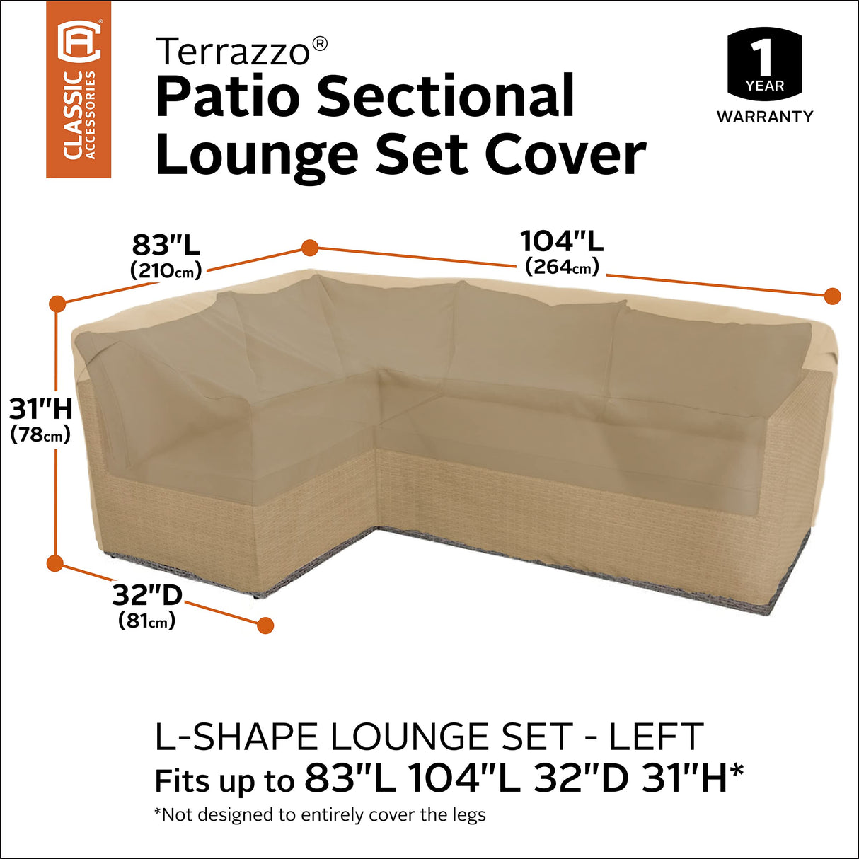 Classic Accessories Terrazzo Water-Resistant 104 Inch Patio Left-Facing Sectional Lounge Set Cover, Patio Furniture Covers Classic Accessories