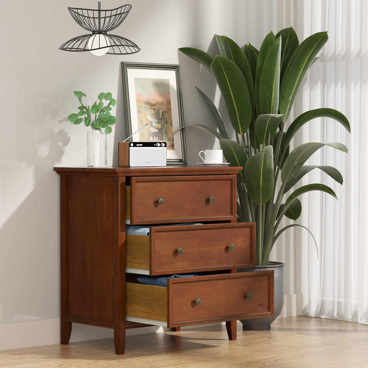 IKENO Nightstand with 3 Drawers and Charging Station, Solid Wood Nightstand Organizer for Bedroom IKENO