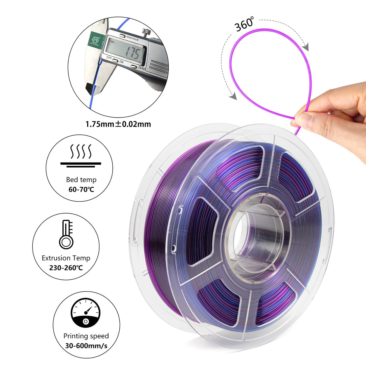 iSANGHU Transparent 3D Printer Filament 1.75mm, Multicolor Color Changing Gradient Blue to Purple PETG Filament with Light Transmission, Clear PETG Filament 1kg(2.2lbs) Spool iSANGHU