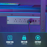 TREETALK Gaming Desk with Power Outlets & LED Strip Lights,80CM Industrial Writing Desk with Adjustable Monitor Stand, Cupholder and Headphone Hook for Home Office Black TREETALK