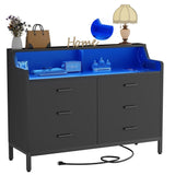 Hyomdeck 6 Drawer Dresser for Bedroom, Wooden Chest of Drawers with Power Outlets and Smart LED Light, Sturdy Modern Bedroom Furniture, Wide Storage Dresser for Living Room, Closet, Entryway, Black Hyomdeck