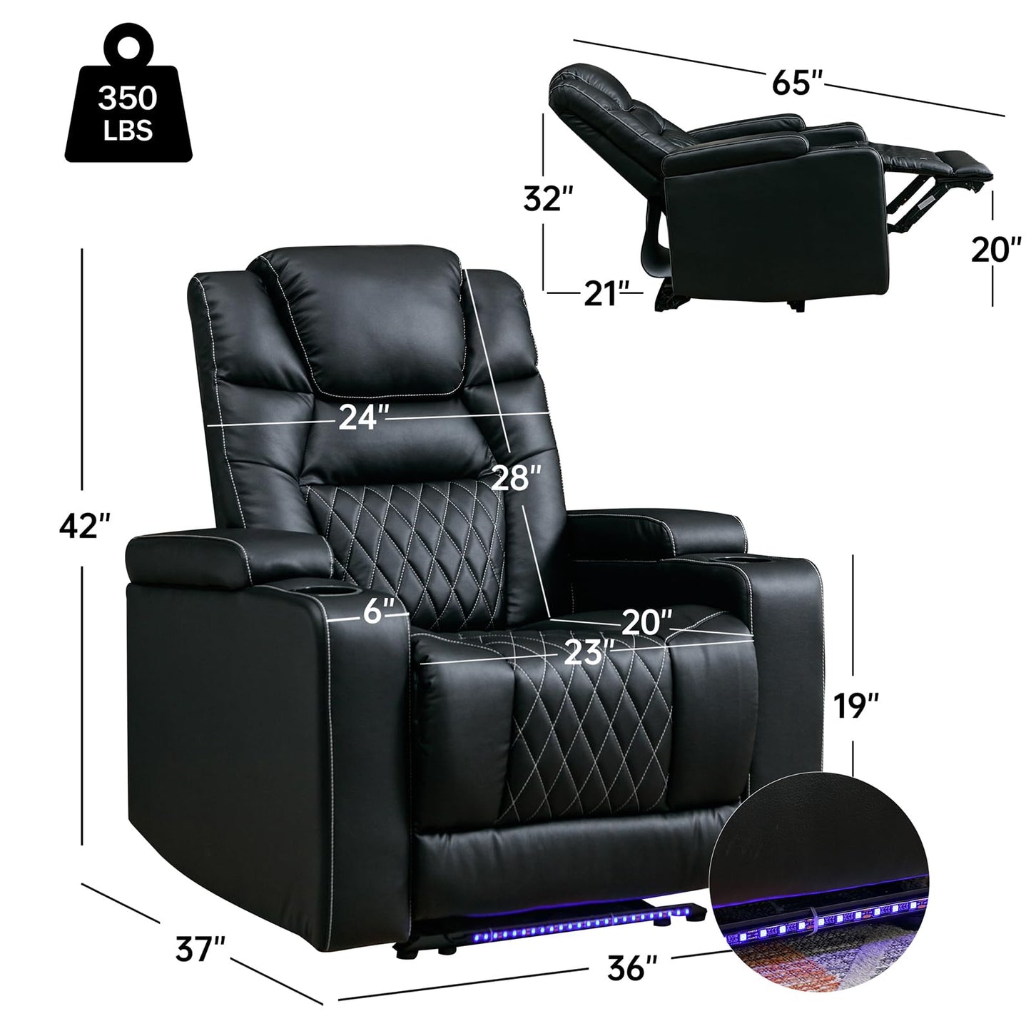 ANJ Power Recliner Chair with USB Port, Electric PU Leather Home Theater Seating for Living Room, Movie Reclining Chairs with Blue Ambient Lighting, Hidden Arm Storage, Cup Holders (Black)