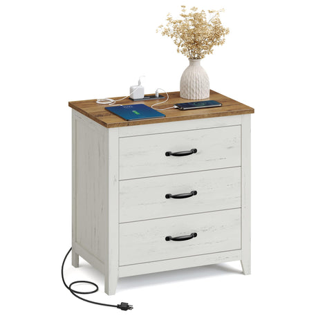 VASAGLE LIRY Collection - Farmhouse Nightstand with Charging Station, Bedside Table, Side End Table with 3 Drawers, for Bedroom, Rustic White and Honey Brown ULET679W01 VASAGLE