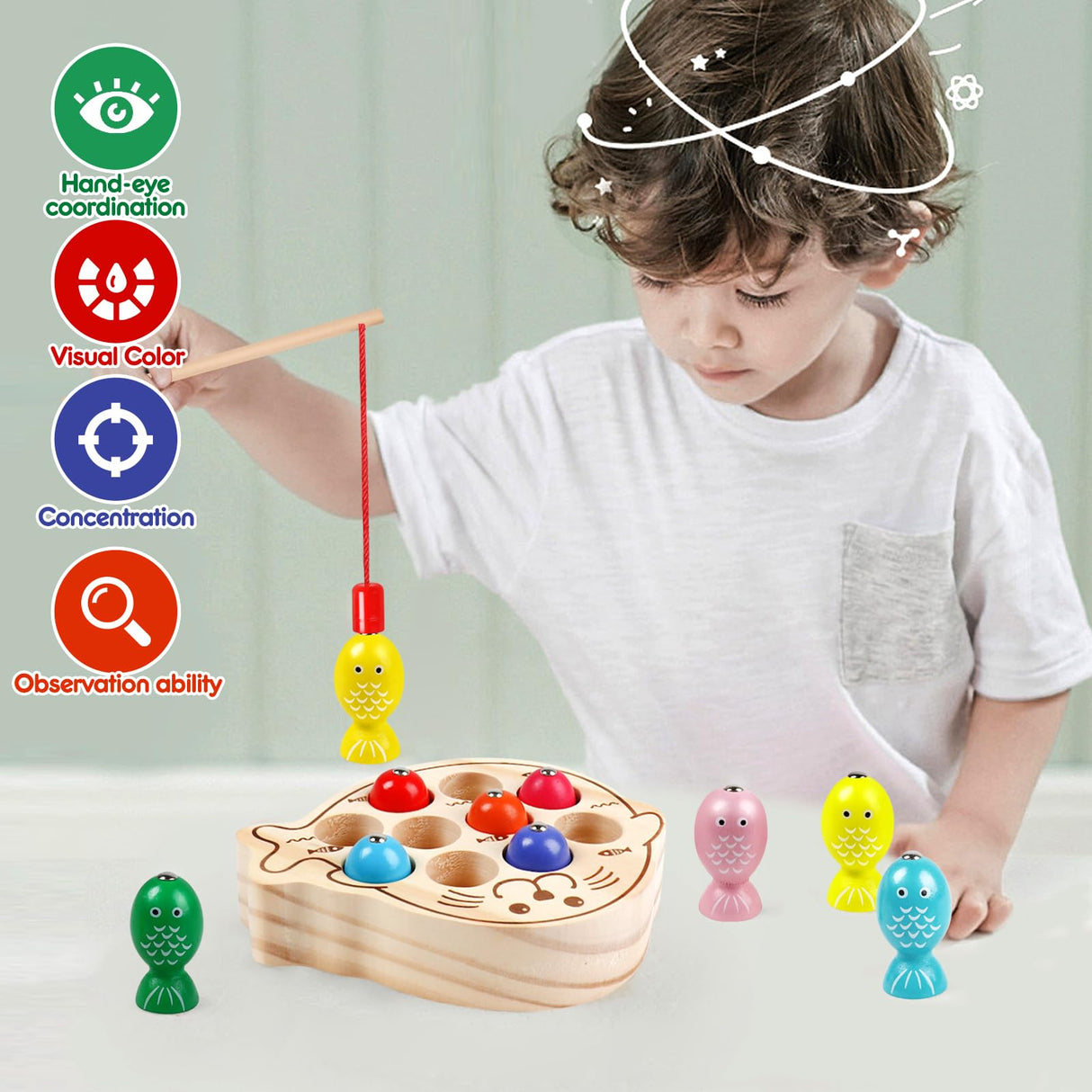 Magnetic Wooden Toys Fishing Game,Toddler Magnetic Fishing Toys Wood Puzzle Montessori Preschool Educational Activities Learning Hand-Eye Coordination Fine Motor Skills Toys for Boys Girls Ages 3+ NAODONGLI