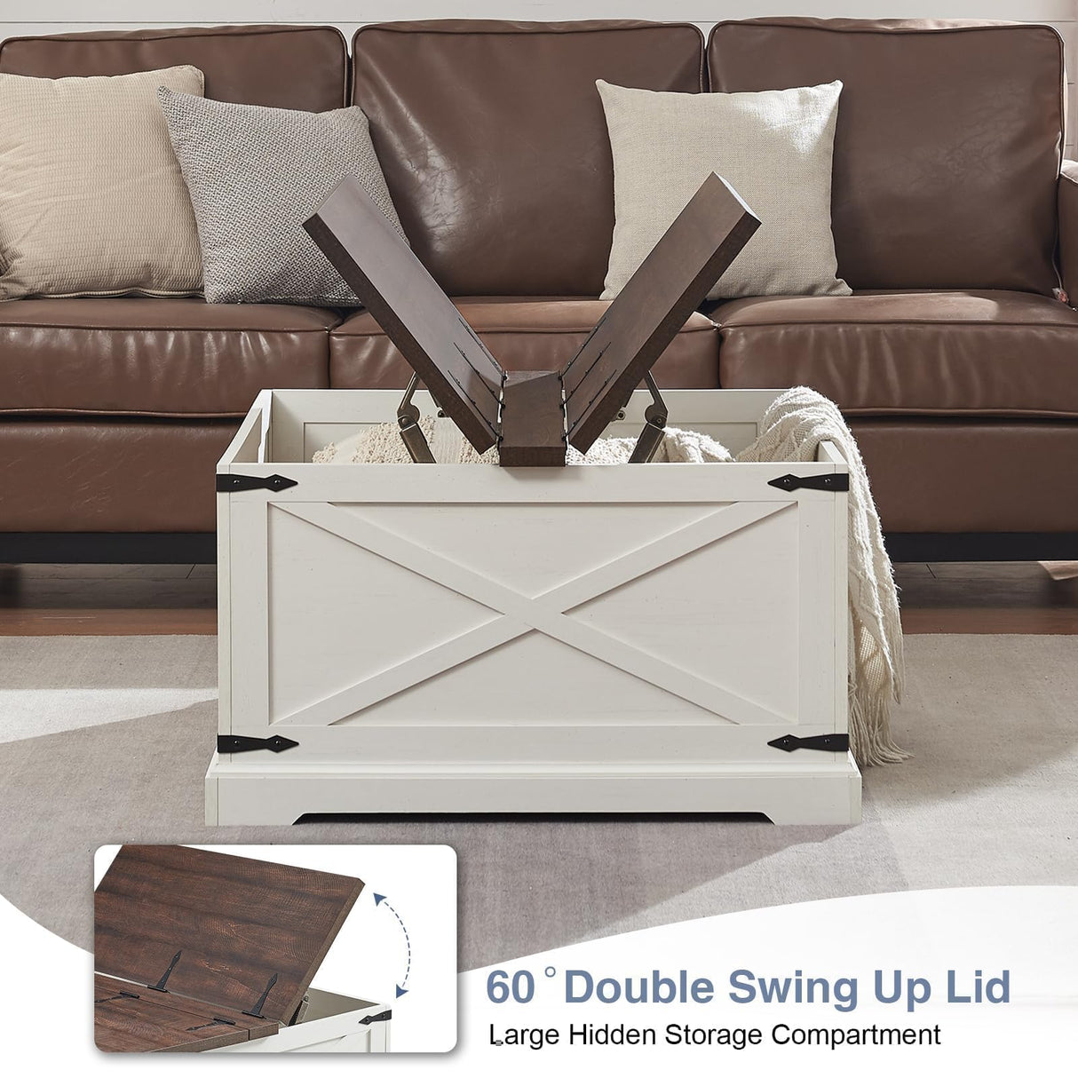 Barnyatoh Farmhouse Square Coffee Table with Storage, Wood Center Table with Hinged Lift Top, Rustic Cocktail Table with Large Hidden Storage Compartment for Living Room, Bedroom,Antique White Barnyatoh