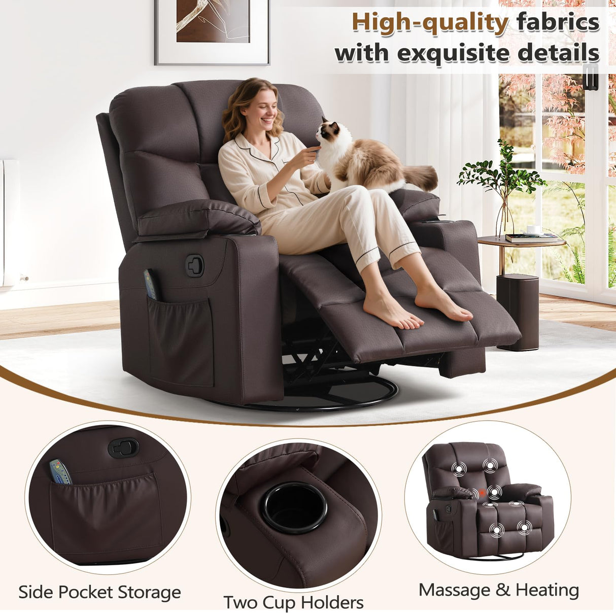 ANJ Swivel Rocker Recliner Chair, Manual PU Leather, 360° Swivel with Massage & Heat for Living Room, Brown ANJ