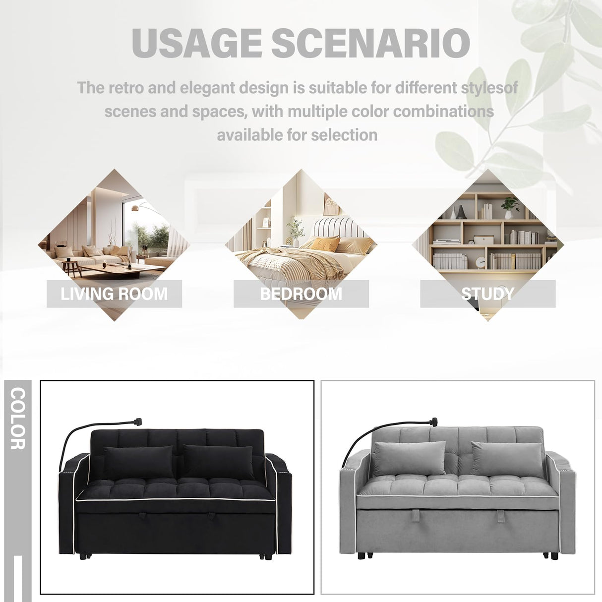 Convertible Sofa Bed,3-in-1 Velvet Sleeper Couch Pull-Out Bed,55'' Loveseat Sleeper Sofa Bed with Adjustable Backrest with 2 Pillows and Storage Bag & USB Port and Swivel Phone Stand,Dark Gray WIIS' IDEA