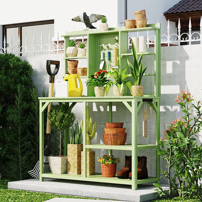 PZFYYRFP 64.6"" Large Outdoor Potting Bench Table, Wooden Garden Workstation with 6-Tier Storage Shelves, Large Metal Tabletop, and Side Hook for Mudroom, Backyard, Patio, Green (Green), White