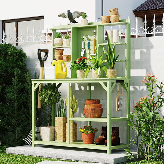 PZFYYRFP 64.6"" Large Outdoor Potting Bench Table, Wooden Garden Workstation with 6-Tier Storage Shelves, Large Metal Tabletop, and Side Hook for Mudroom, Backyard, Patio, Green (Green), Whit - WoodArtSupply