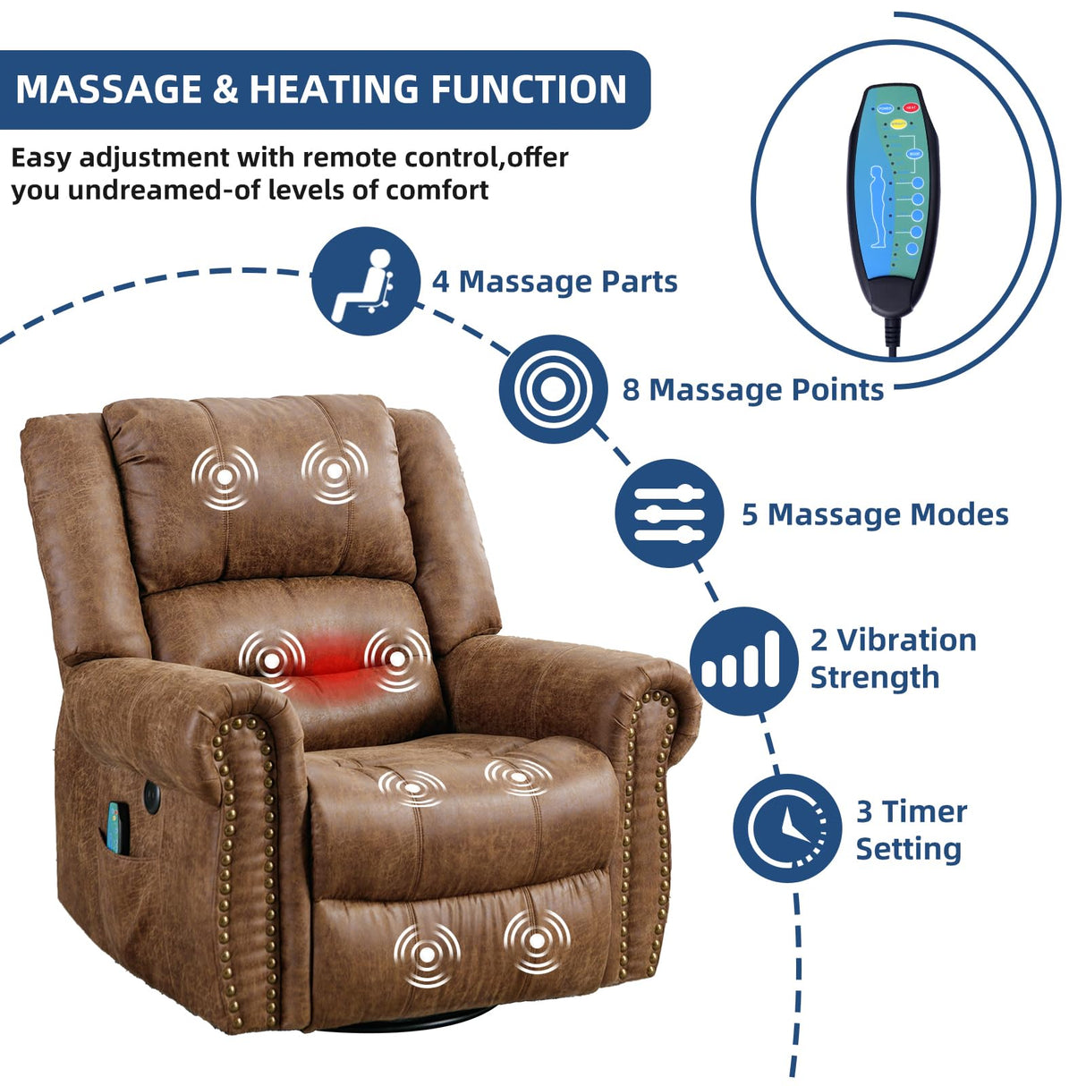 SOCIALCOMFY Swivel Rocker Recliner Chair with Heat and Vibration, 360° Swivel Glider Rocker Manual Reclining Chair, Massage Rocking Recliners with Side Pockets & USB Ports for Living Room, Nut Brown SOCIALCOMFY