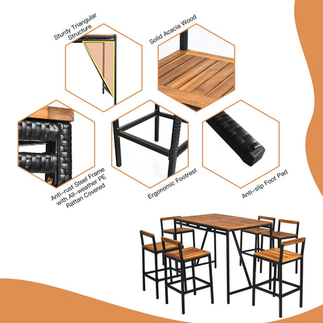 7-Piece HAPPYGRILL Acacia Wood Patio Bar Set with Umbrella Hole and 6 Ergonomic Stools HAPPYGRILL