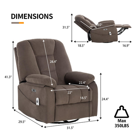 Sftaiyou Power Swivel Rocker Recliner Chair for Adults,Rocking Recliners Chairs with Massage and Heat for Living Room, Electric Fabric Reclining Sofa Chair with USB and Type-C Port (Fabric Brown) Sftaiyou