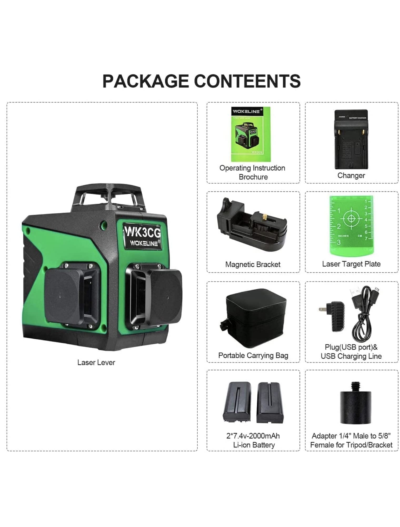 Wokeline 3x360° Rotary Laser Level Self Leveling Green beam Three Plane Cross Line Lasers 2x360° Vertical 1x360° Horizontal 12 lines Tile Ceiling Floor Lazer Levels+Flexible Magnetic Base+Li  - WoodArtSupply