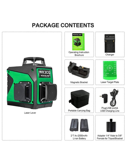 Wokeline 3x360° Rotary Laser Level Self Leveling Green beam Three Plane Cross Line Lasers 2x360° Vertical 1x360° Horizontal 12 lines Tile Ceiling Floor Lazer Levels+Flexible Magnetic Base+Li  - WoodArtSupply