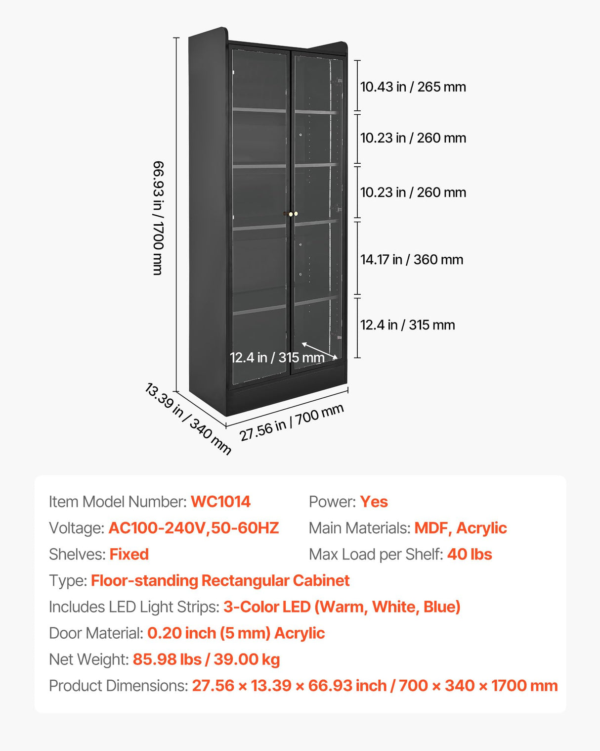 VEVOR Display Cabinet with Doors, 67 in Tall Lighted Display Case with 2 Adjustable Shelves, 5-Tier Curio Collectibles Storage Cabinet, Bookshelf Bookcase for Pantry Bedroom Living Room Office VEVOR