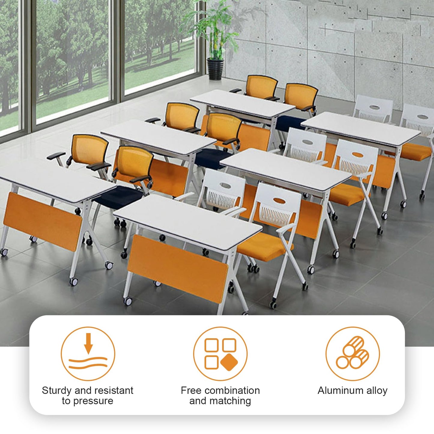 Conference Room Table,4 Pack Modern Office Folding Conference Training Table，Flip Top Mobile Seminar Table with Lockable Wheels,Mobile Foldable Meeting Table for Classroom Office (Orange)