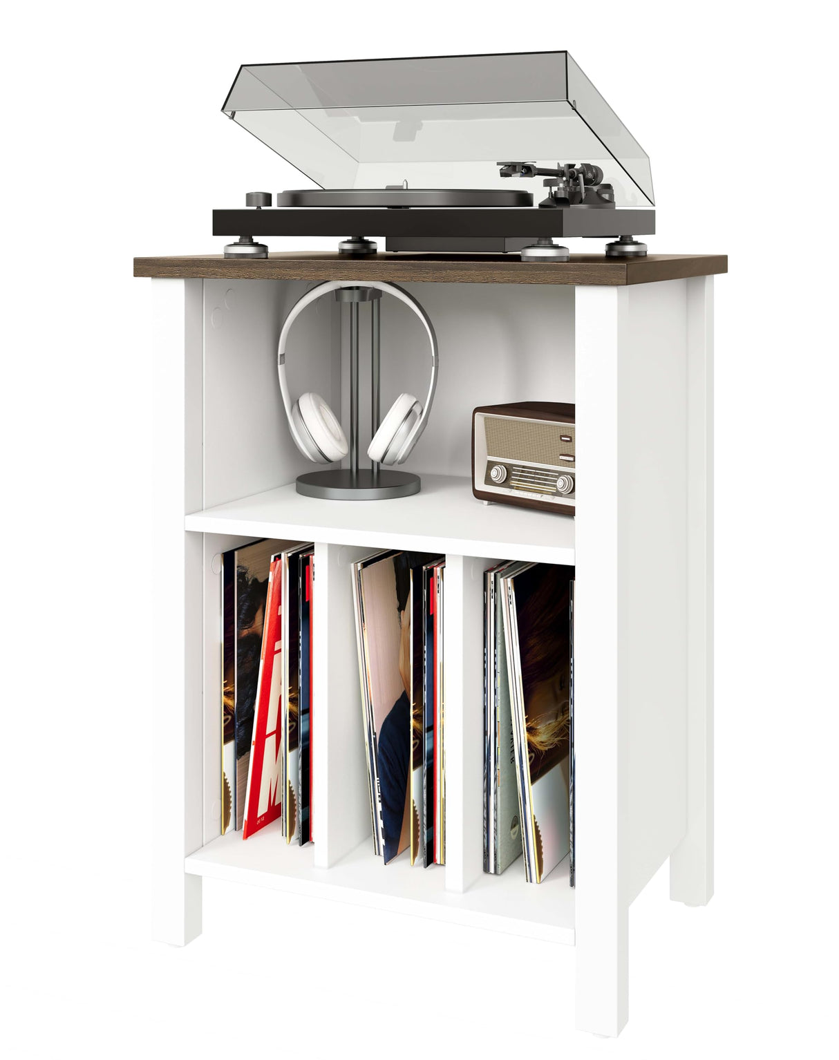 Record Player Stand, Vinyl Record Storage Table End Table with Display Shelf Holds up to 130 Albums, Large Nightstand Wood Turntable Stand Cabinet Side Table for Living Room, Bedroom, White LIDYUK
