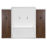 Flieks Queen Size Murphy Bed, Wooden Queen Wall Bed with Closet, Drawers and Desk, White Flieks