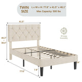 VECELO Twin Size Bed Frame, Upholstered Platform with Adjustable Diamond Tufted Headboard, Wood Slat Support, No Box Spring Needed, Pala Beige VECELO