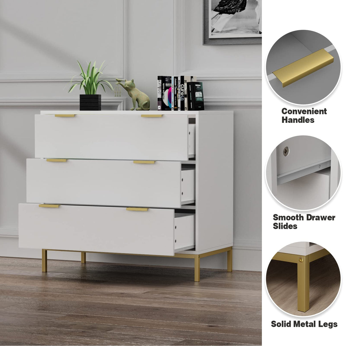 Anmytek White Dresser for Bedroom, 3 Drawer Dresser with Spacious Storage Modern Wood Chest of Drawers for Bedroom Living Room Hallway H0074 Anmytek