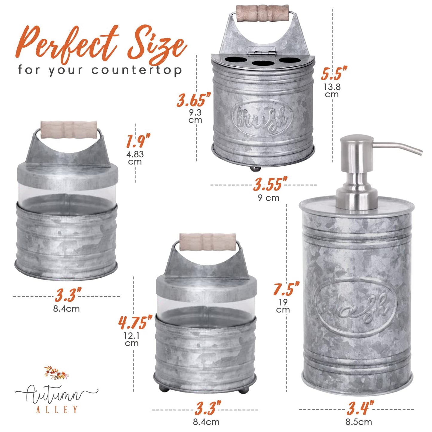 Autumn Alley Rustic Bathroom Accessories Set 4 - Galvanized Soap Dispenser, Rustic Toothbrush Holder, 2 Apothecary Jars Qtip Holder - Rustic Bathroom Decor – Farmhouse Bathroom Accessories