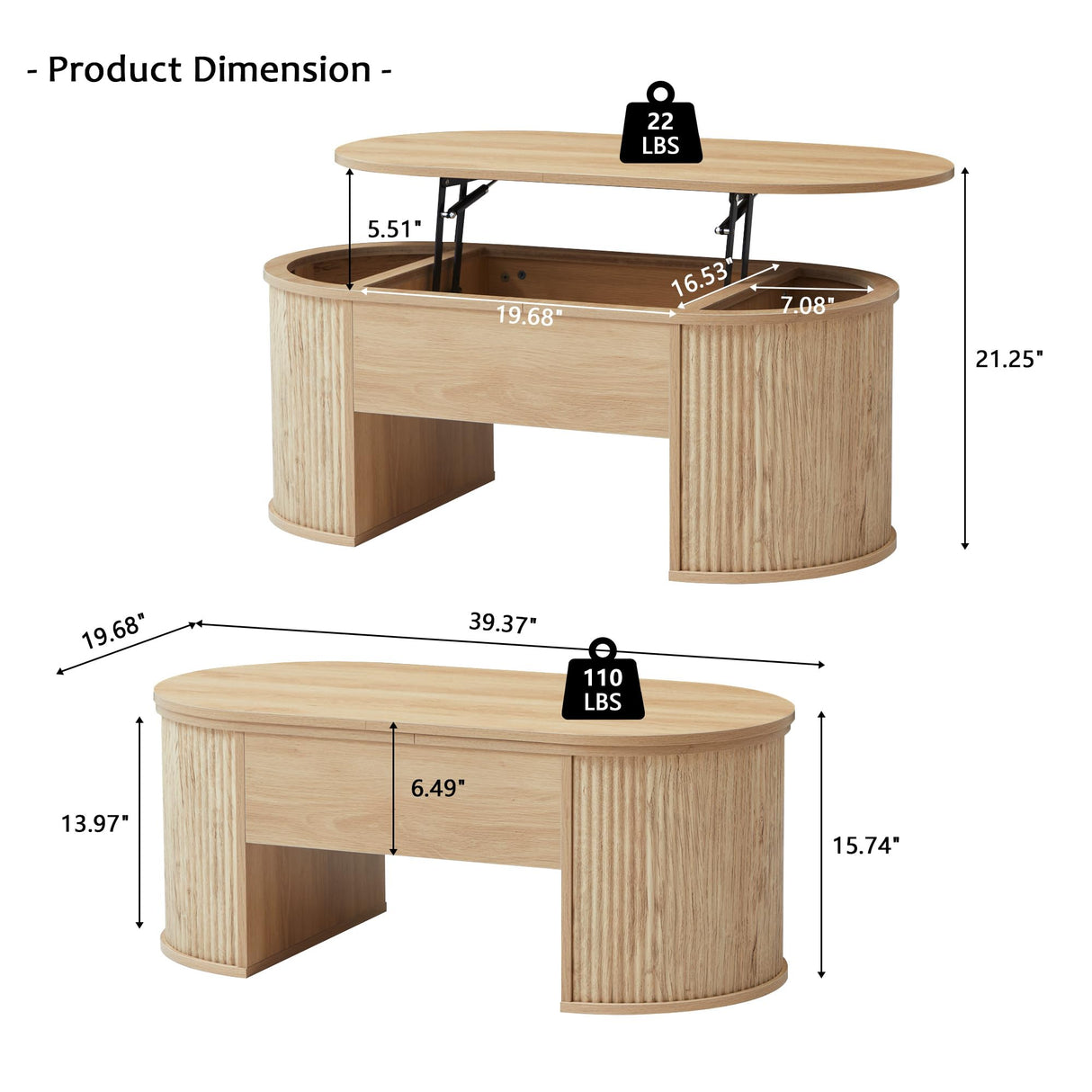 QHITTY Fluted Coffee Table with Lifting Top, Oval Wood Lift Top Coffee Table with Hidden Compartment, Mid Century Pull up Center Tables for Living Room, Office - Natural QHITTY