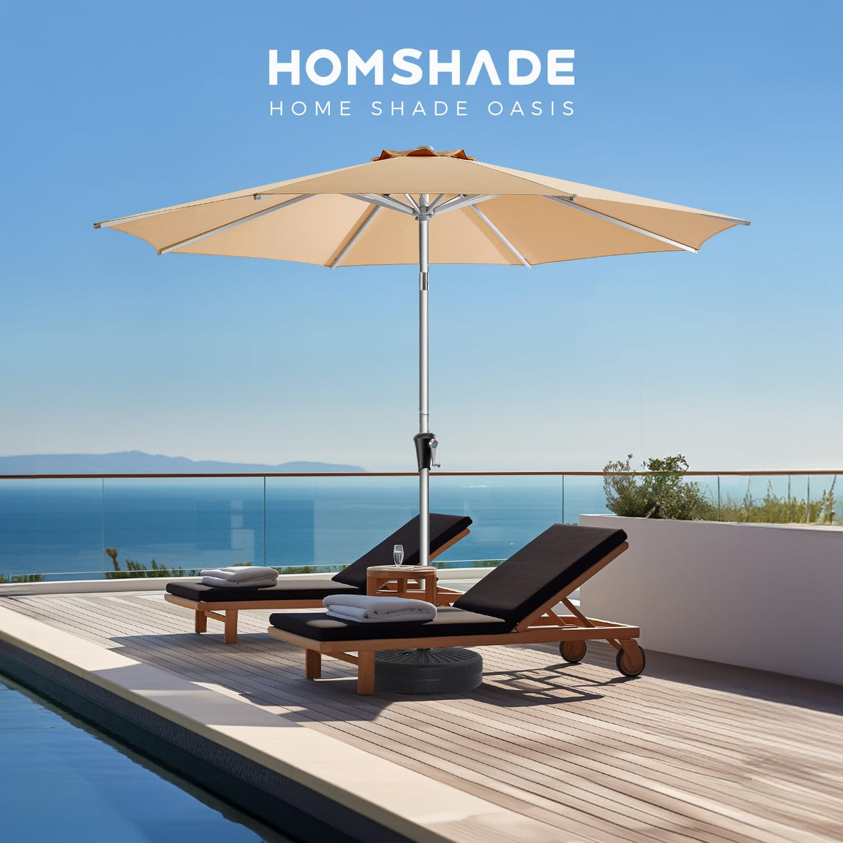 HOMSHADE 9FT Aluminum Outdoor Patio Umbrella, 5-Year Fade Resistant Market Table Umbrella, UPF50+ UV Protection with Push Button Tilt, Crank for Pool Deck and Garden (Beige) HOMSHADE