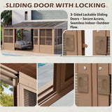 EROMMY 10' x 16' Sunroom, Wall Mounted Gazebo Solarium with Drainage Trough, Polycarbonate Roof, Lean to pergola for Garden, Permanent Sun Room with Lockable Sliding Doors, Brown EROMMY