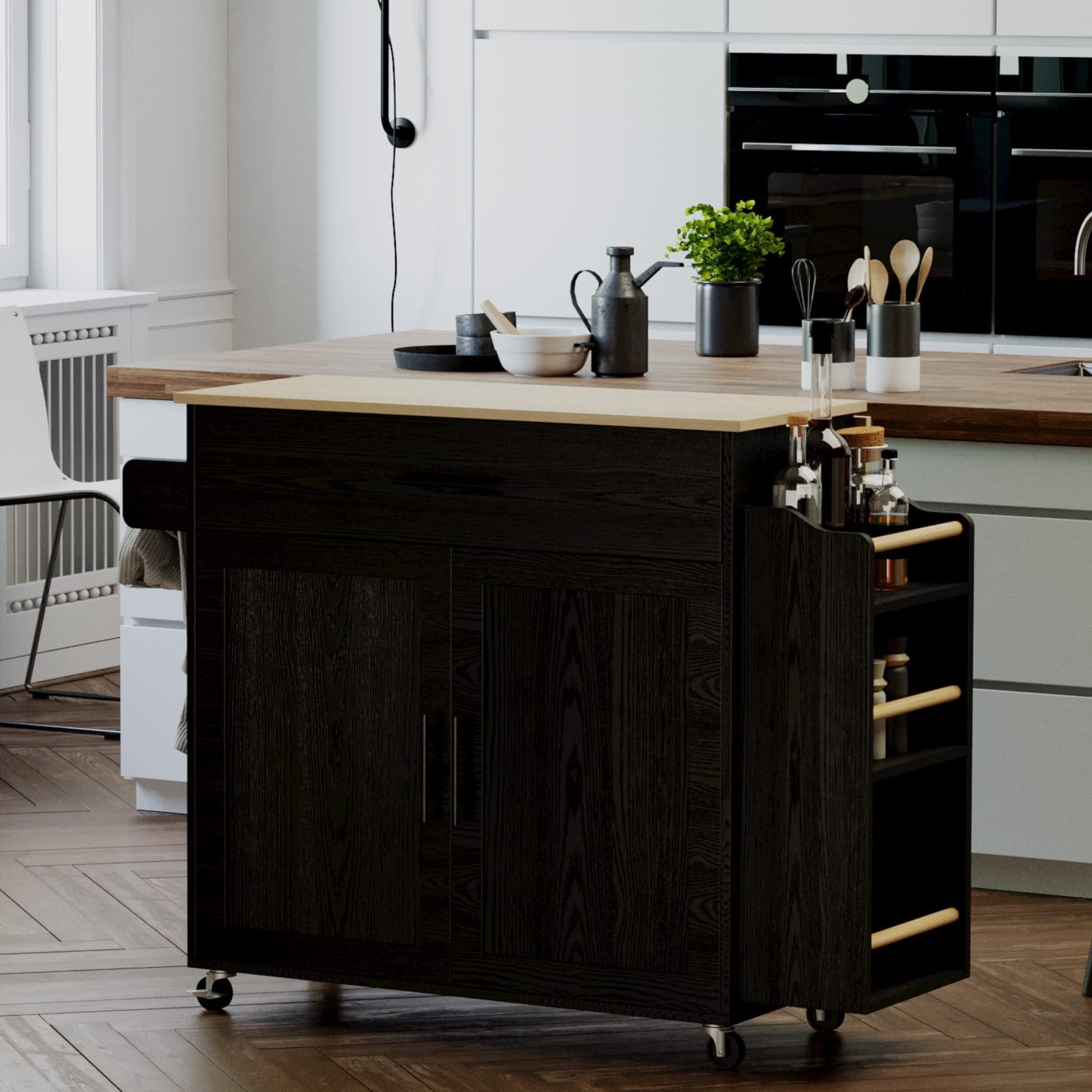 Rolling Kitchen Island with Drop Leaf, Storage Cabinet, and Charging Station - Black by IRONCK - WoodArtSupply