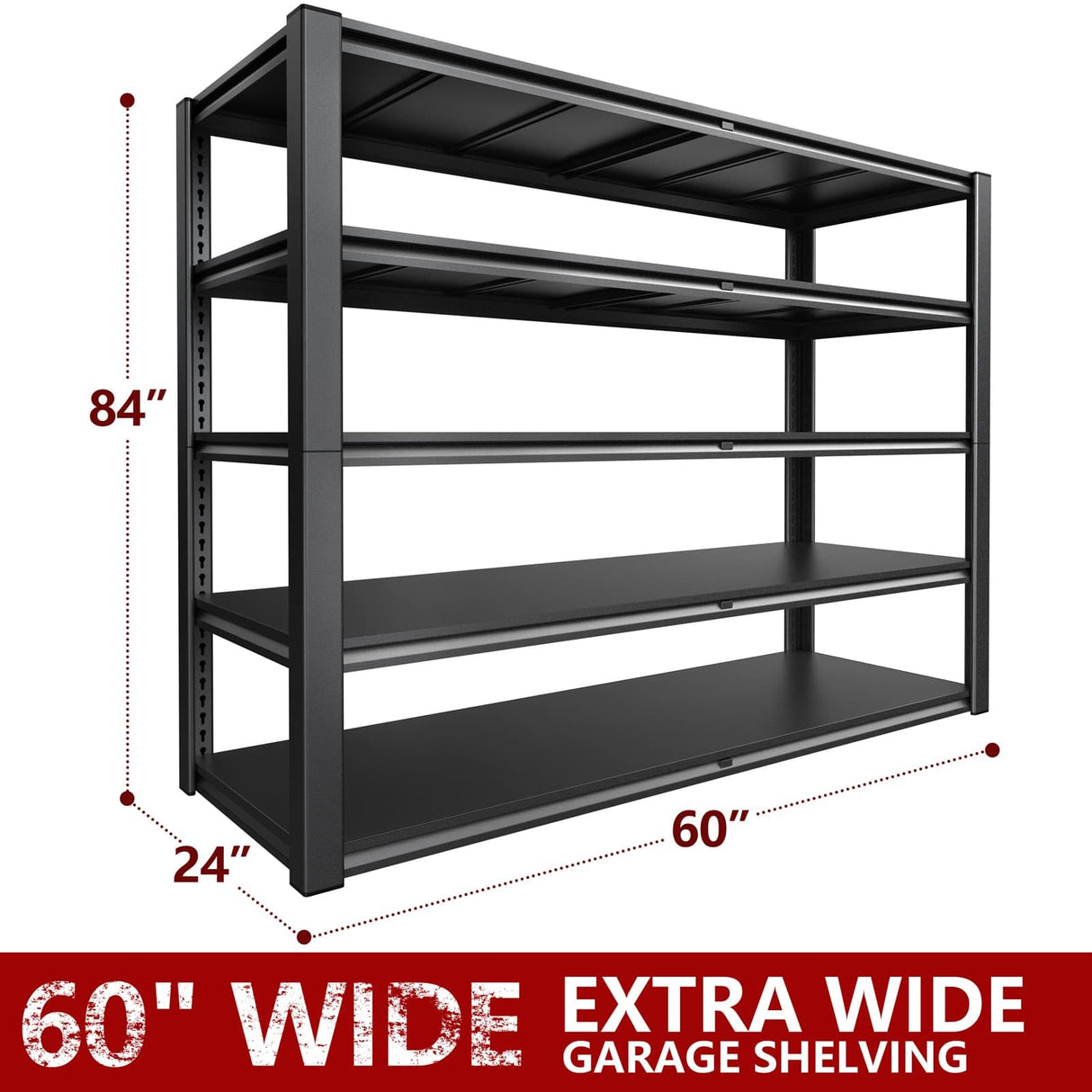 Lauxery 60" Wide Metal Shelving, 5 Tier Pantry Shelving Unit - 60" W x 24" D x 84.3" H Adjustable Tote Storage Rack, 2500LBS - Storage Shelves for Garage, Basement, Shop Lauxery